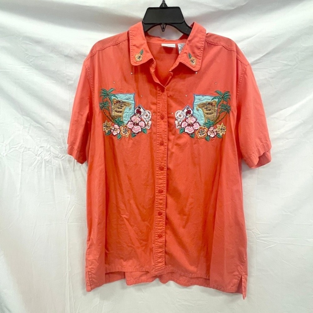 Bobbie Brooks‎ Woman Coral Tropical Embroidered Button Front Shirt Plus 22W 24W
